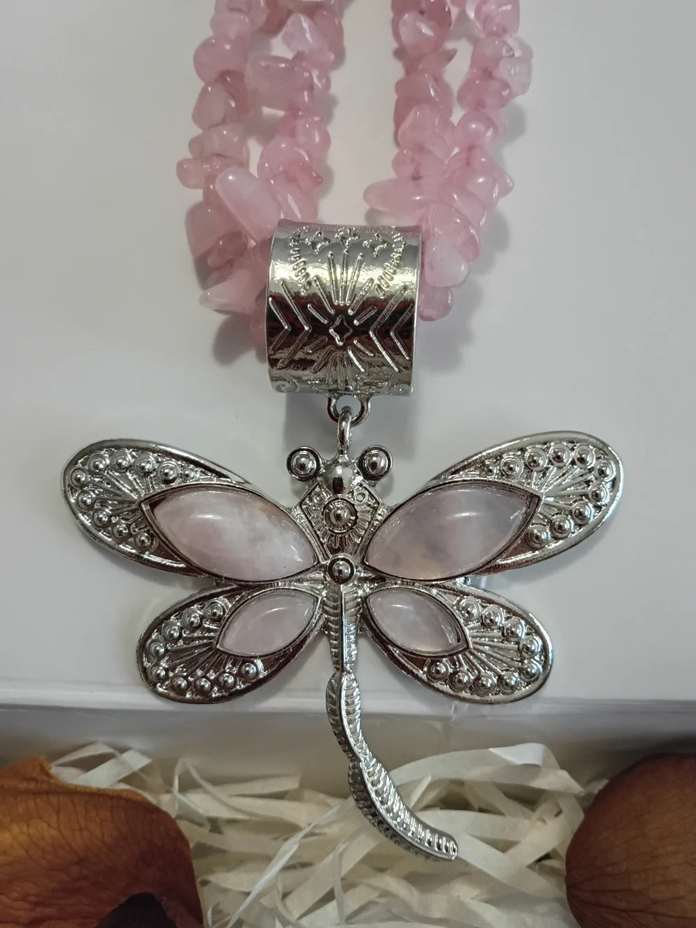 Rose Quartz Silver Dragonfly Pendant Necklace Multi Strand Gorgeous